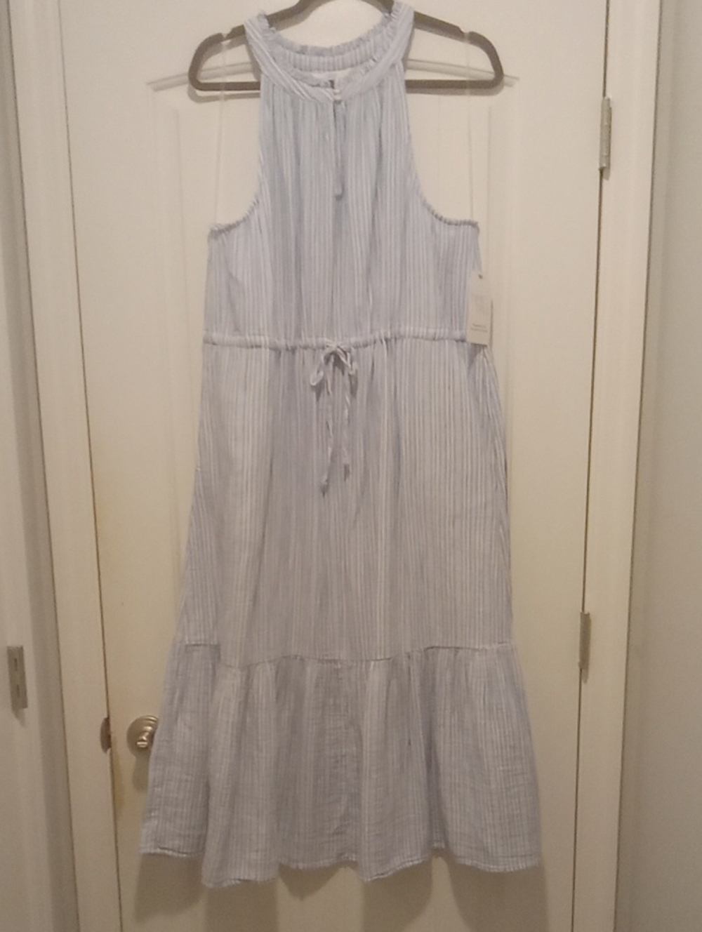 Light Blue Striped Sleeveless Tiered Maxi Dress